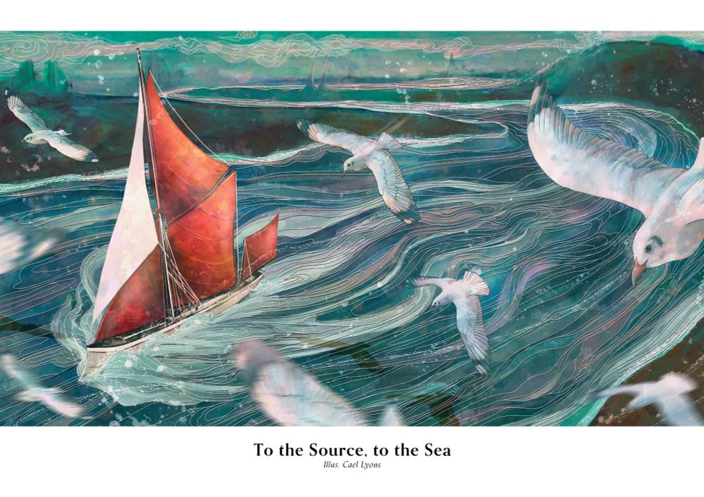 A boat sailing upon an impessionistic river Cael did for UPRIVER, DOWNRIVER