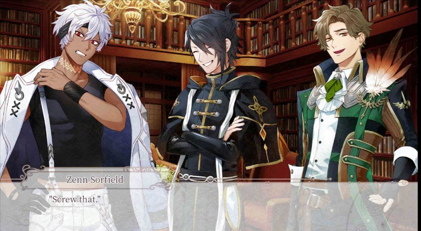 Left to right: Zenn (dark skin, white hair, red eyes, buff) grits his teeth, Tyril (pale, skinny, black hair in a bun) grins like a little brat, and Crius (brown hair, brown eyes, dressed in green) smiles exasperatedly.

Dialogue Box: Zenn says "Screw that."