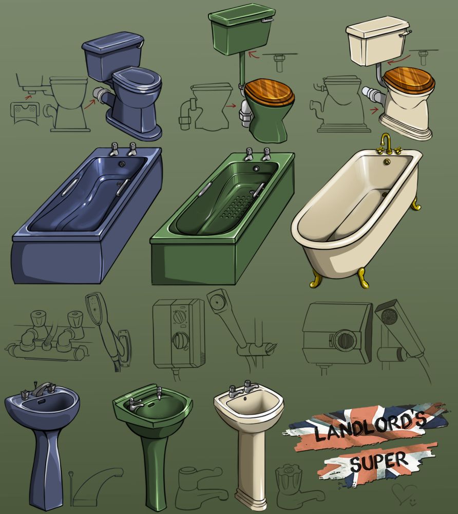Concept art for a variety of bathroom furniture in Landlord’s Super. 