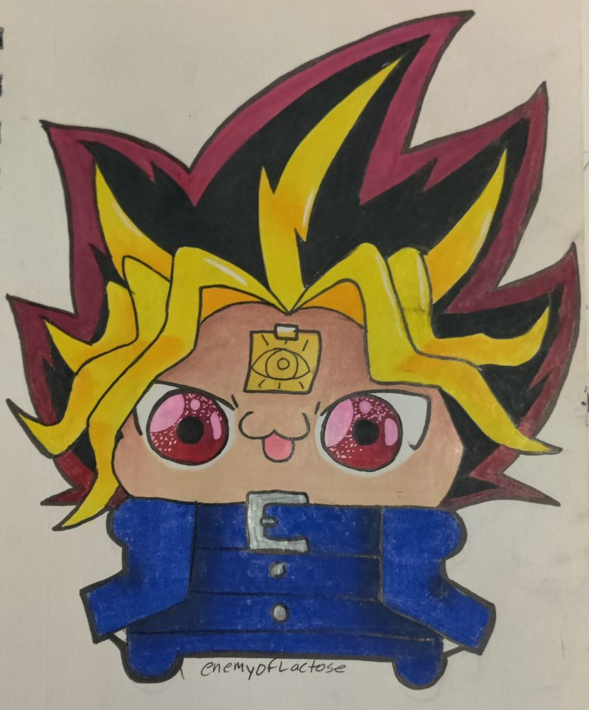 A chibi drawing of Yami Yugi. He has a sticky note on his head with a drawing of an eye on it and he's making an evil expression. He's too cute to look evil however.