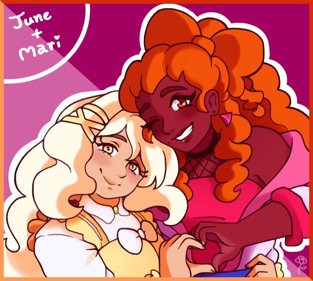 Picture of two girls holding each other and smiling, making a heart with their free hands. There's text that reads "June + Mari" on the top left corner, and the bottom right has a doodle of a rose as a signature. The lesbian flag was used for the colors of the background and boarder.

Left is Mari who has fluffy blonde hair with a yellow hairclip, yellow eyes to match and rounded eyelashes. She wears a yellow ruffly dress over her white dress shirt, and on this dress is a white bow. Mari's nails are pink to match her girlfriend.
Right is June who has curly orange hair tied into a ponytail with a hairbow, orange eyes to match, sharp eyelashes, and a beauty mark near her mouth. She wears triangle pink earrings, a red top, a white jacket over it with pink and red, and blue jeans. June's nails are yellow to match her girlfriend.