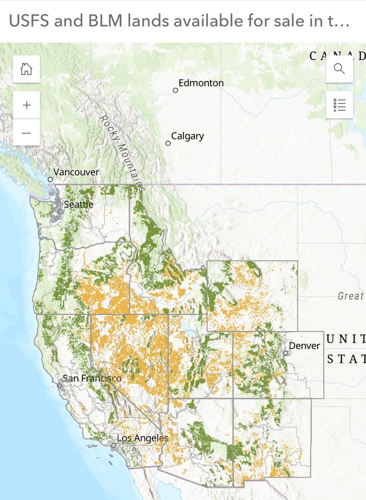 Map of land managed by the forest service in green and bureau of land management in Orange, potentially for sale in the American west. 