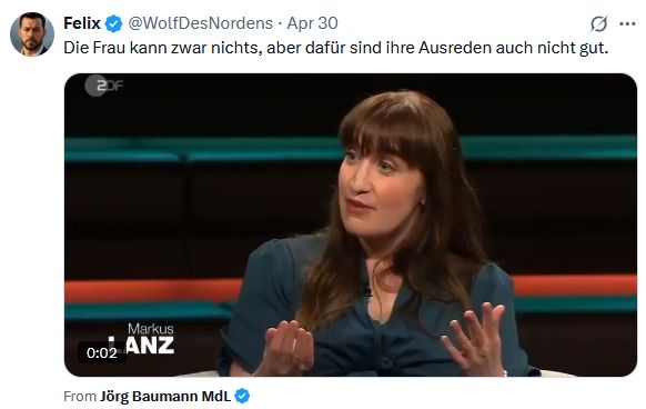 Random Typ auf Twitter sagt über Heidi Reichinnek: "Die Frau kann zwar nichts, aber dafür sind ihre Ausreden auch nicht gut." 