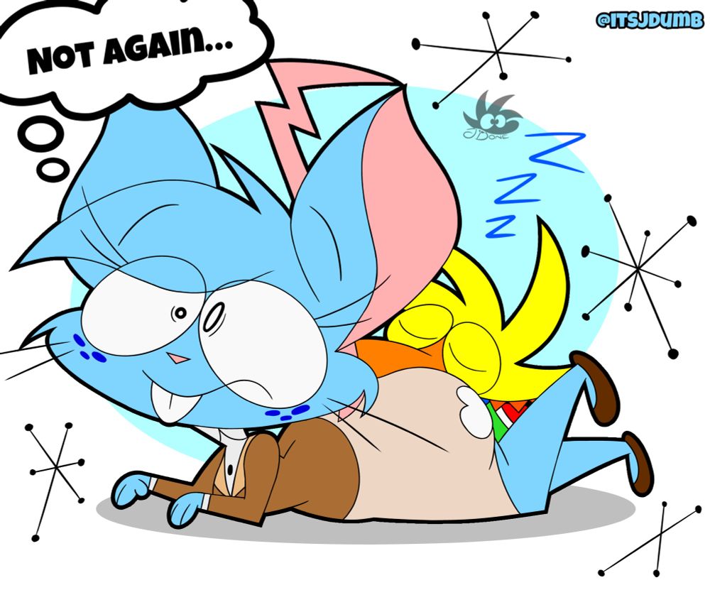 My sona, Rayoshi sleeping on top of Mia Mouse from SilentJack