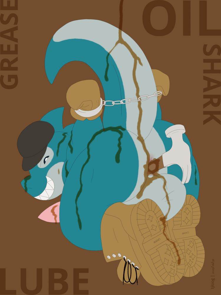 Anthro shark naked in boots, gloves, and a hat kneels with his tail held high and his backside to the viewer. He grins over his shoulder as his hinds are cuffed with the chain running under his tail. A hammer is shoved deep in his bubble butt as oil is poured all over him lubing it up. His cock and balls are rather large for his size.

At the corners of the picture, clockwise from upper left, are the words "GREASE," "OIL," "SHARK," and "LUBE," excluding the tjloog signature and date in the bottom right.