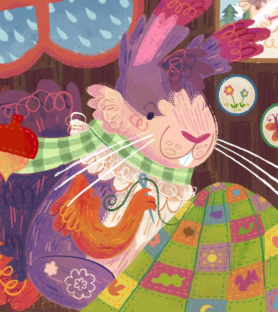 A red squirrel wearing a green checkered scarf is quilting by hand. In the background you can see it's raining outside and there are a few hand embroidered pieces on the wall, one of two flowers and the other of a butterfly