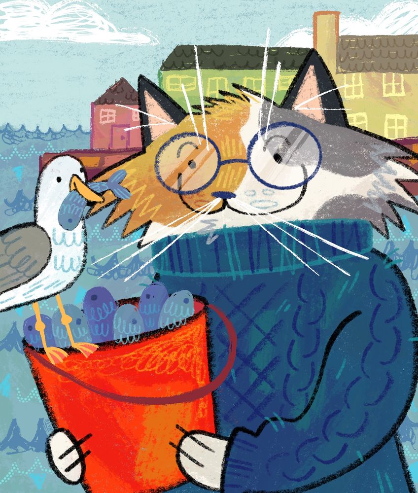 A calico cat wearing round glasses and blue knitted sweater is holding a red bucket filled with fish, there is a seagull sat on the rim of the bucket with a fish in his mouth. In the background you can see a seaside town and the ocean 