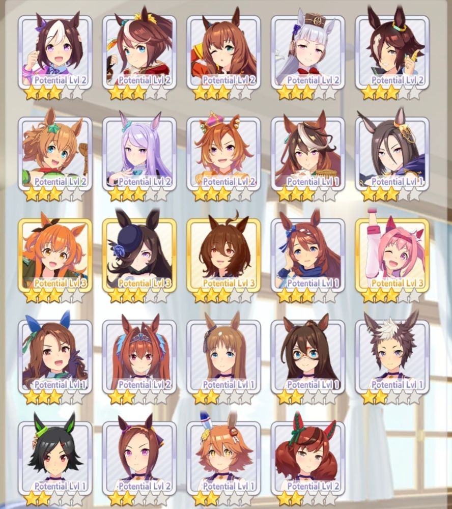 A screenshot of Umamusume: Pretty Derby
A grid of the different Uma girls, with a star rating underneath each portrait and their potential level. 