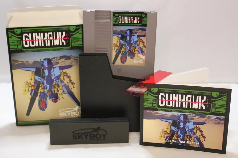 Boxed copy of Gunhawk, a Zapper game for the NES. Includes manual, red decoder, game cart, cartridge sleeve, foam insert, and box.