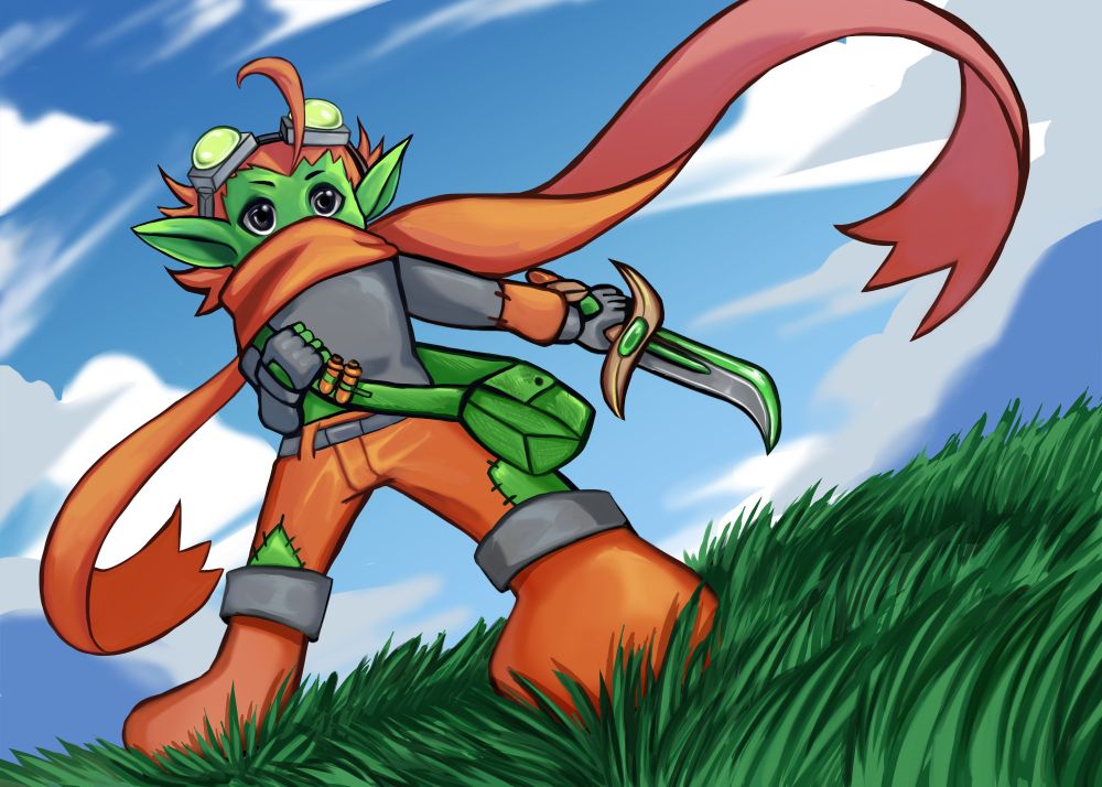 A brave, young goblin in an orange scarf holding a dagger stands on a green field in front of a blue sky.