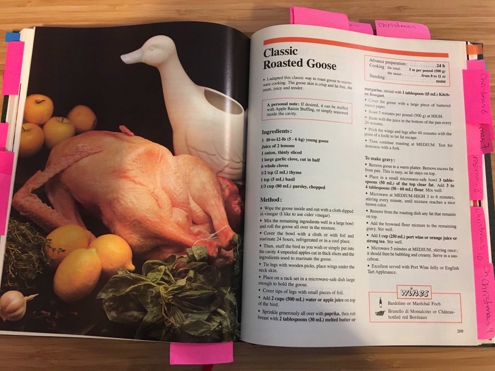 Ingredients:
1 10-to-12 lb (5 - 6 kg) young goose
Juice of 2 lemons
1 onion
1 large garlic clove
6 whole cloves
1/2 stp  thyme
1/3 cup parsley, chopped.

Method:
Wipe the goose inside and out with a cloth dipped in vinegar (I like to use apple cider vinegar).
Mix the remaining ingredients well in a large bowl and roll the goose all over in the mixture.
Cover the bowl with a cloth or with foil and marinate 24 hours, refrigerated or in a cool place.
Then, stuff the bird as you wish or simply put into the cavity 4 unpeeled apples cut into thick slices and the ingredients used to marinade the goose. 
Tie legs with wooden picks, place wings under the neck skin.
Place on a rack set in a microwave-safe dish large enough to hold the goose.
Cover tips of legs with small pieces of foil.
Add 2 cups water or apple juice on top of the bird.
Sprinkle generously all over with paprika, then rub breast with 2 tablespoons melted butter or margarine, stirred with 1 tablespoon Kitchen Bouquet
Cover the goose with a large piece of buttered wax paper.
Roast 5 minutes per pound on HIGH.
Baste with the juice in the bottom of the pan every 20 minutes.
Prick the wings and legs after 40 minutes with the point of a knife to let the fat escape.
Then continue roasting at MEDIUM. Test for doneness with fork.

To make gravy:
Remove goose to a warm platter. Remove excess fat from pan. This is easy, as fat stays on top.
Plae in a small microwave-safe bowl 3 tablespoons of the top clear fat. Add 3 to 4 tablespoons flour. Mix well.
Microwave at MEDIUM-HIGH 3 to 6 minutes, stirring every minute, until the mixture reaches a nice brown colour.
Remove from the roasting dish any fat that remains on top.
Add the browned flour mixture to the remaining gravy. Stir well.
Add 1 cup port wine or orange juice or strong tea. Stir well.
Microwave 5 minutes at MEDIUM, stirring once; it should then be bubbling and creamy. Serve in a sauceboat.
Excellent served with Port Wine Jelly or English Tart Applesauce. 