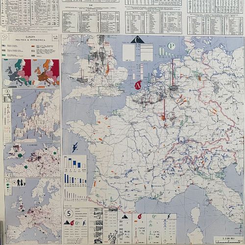 Detail from the map 'Orbis Terrarum Europae', that graphically illustrates political, geographical and economic data of European countries, by IBF Kormoss