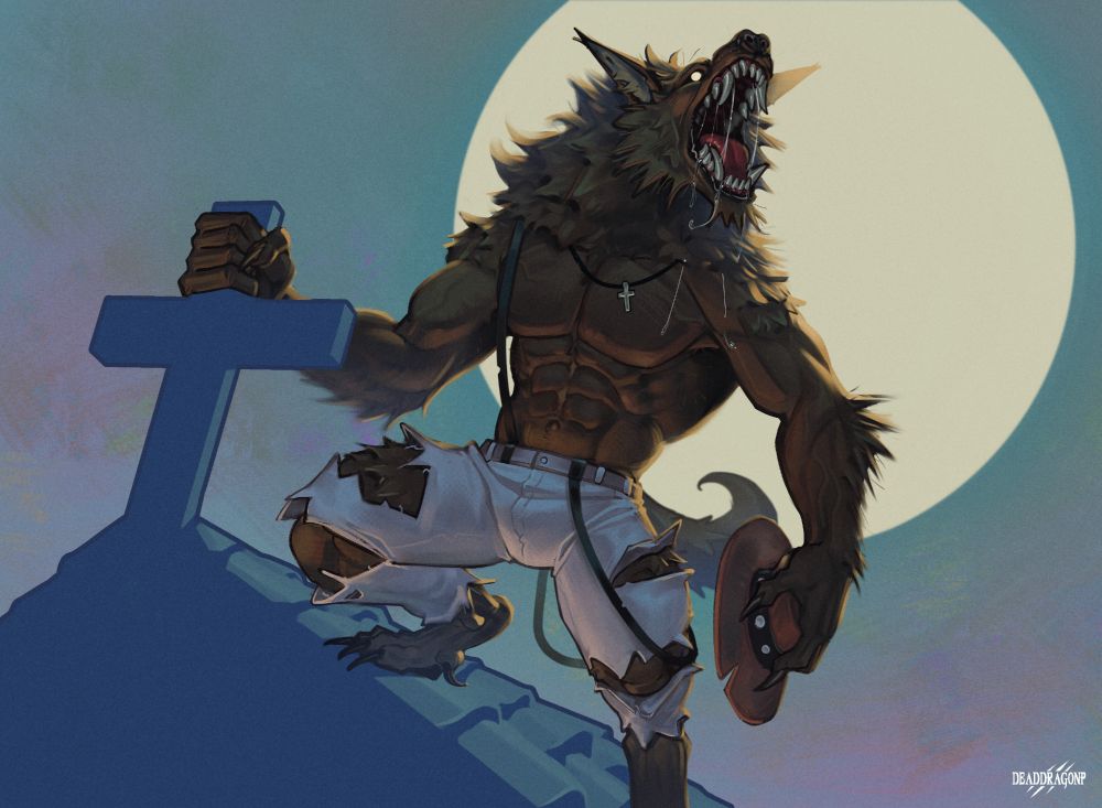 Illustration of a brown haired werewolf at night on the rooftop of a church with a full moon on the background while also holding a cowboy hat