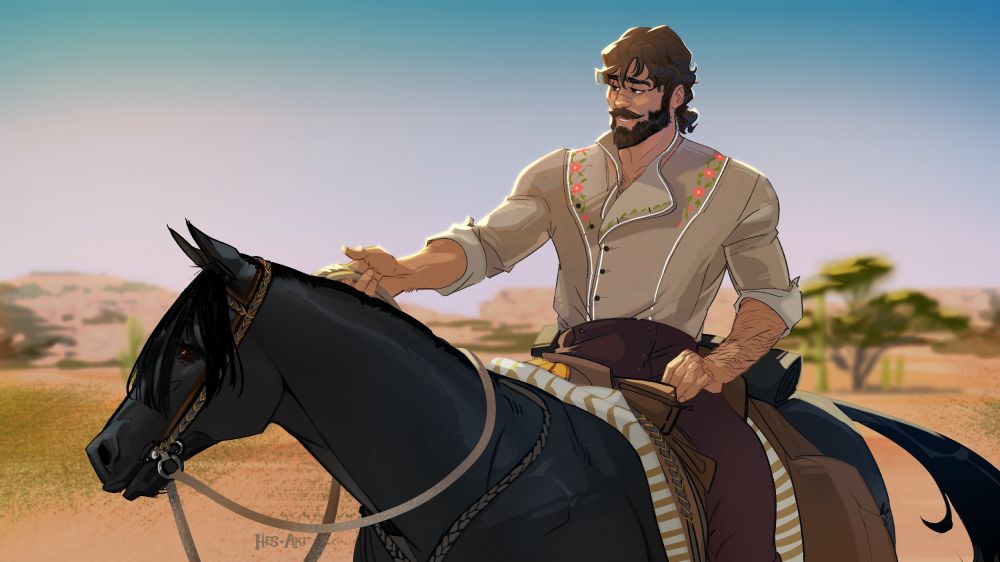 Illustration of a cowboy on a black horse riding through a desert landscape under the sun.