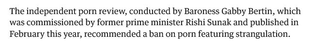 The independent porn review, conducted by Baroness Gabby Bertin, which was commissioned by former prime minister Rishi Sunak and published in February this year, recommended a ban on porn featuring strangulation.