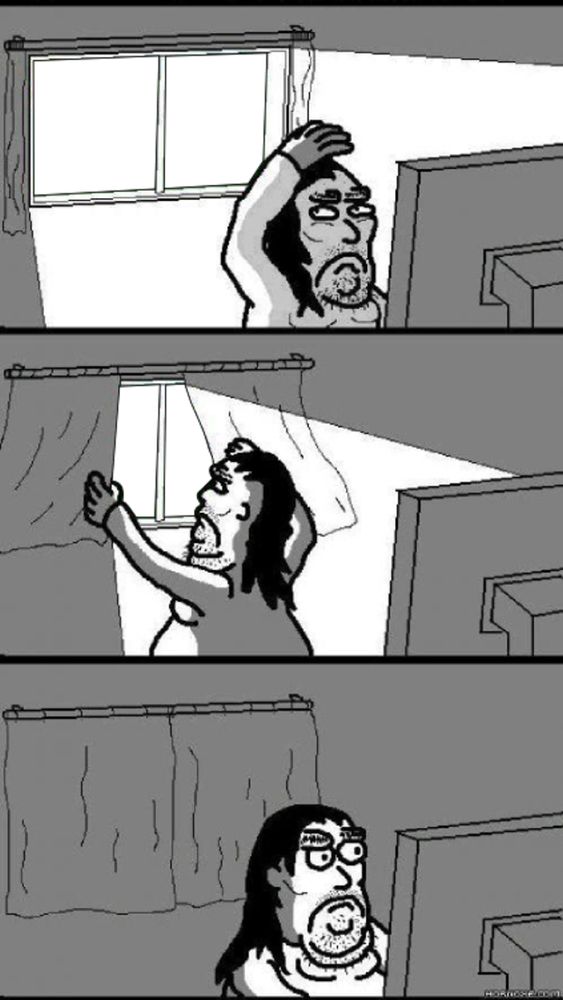meme van iemand die z'n gordijnen dichtdoet zodat ie z'n computerbeeldscherm beter kan zien