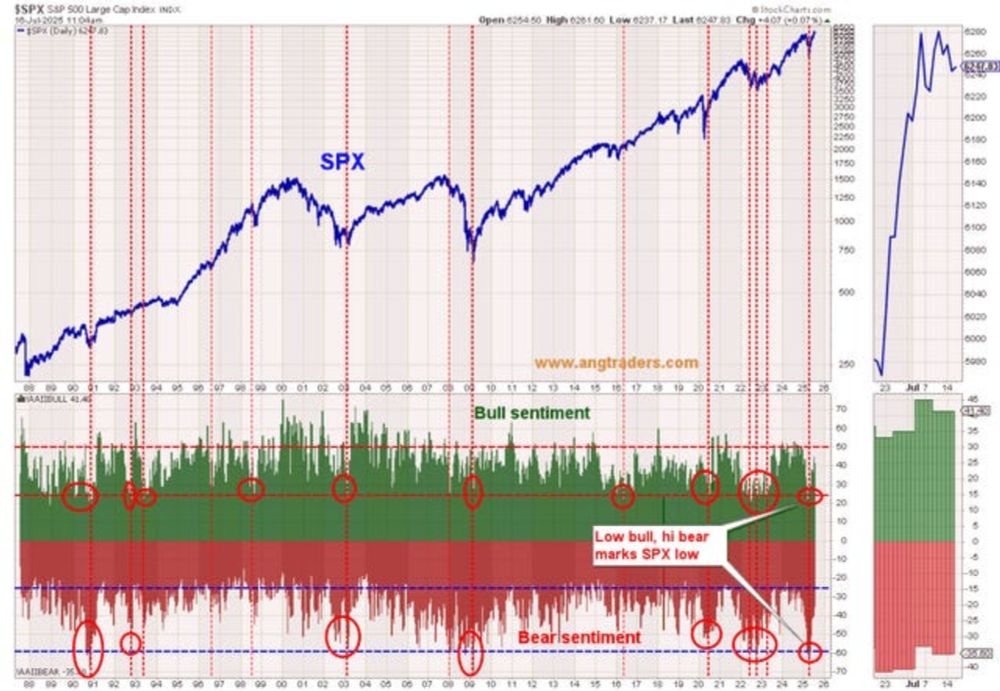 AAII bull sentiment below 25%, and bear sentiment above 60% marks SPX bottoms (red-ovals below).