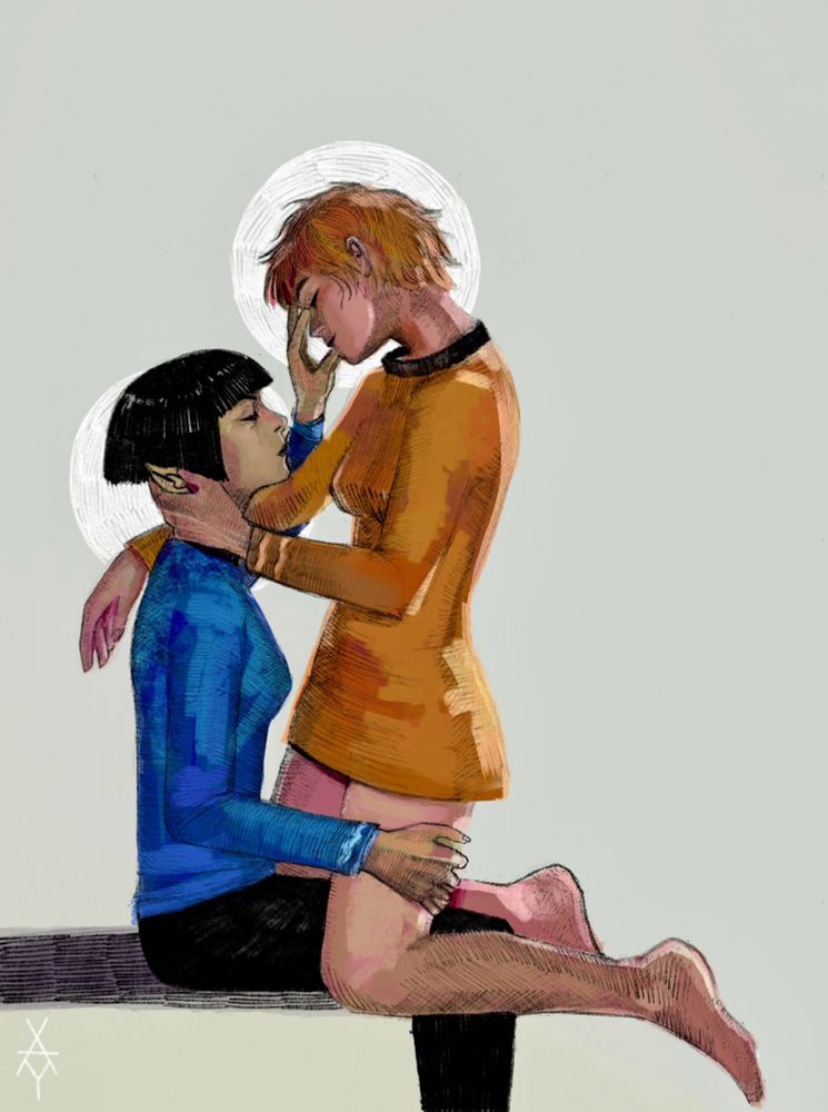 Gender-bend drawing of Kirk and Spock from Star Trek the original series holding each other intimately. Mind meld and ear touching apparent. 