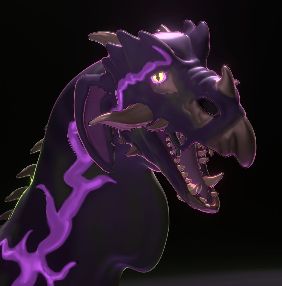 portrait render of the right head of the Falsum Hydra

it's purplish with a glowing vein on the side of the neck that climbs up to the face. it has many spikes and horns in varying conditions. overall they're suffering 
