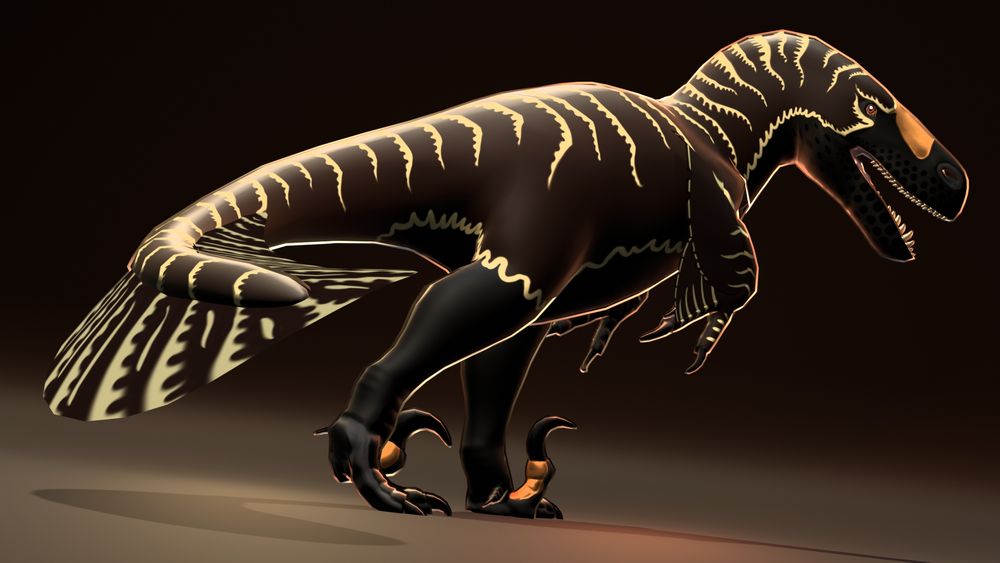 render of a stylized Utahraptor model

it's black with brown feathering and lighter stripes that run down the back. there is an orange patch on the snout