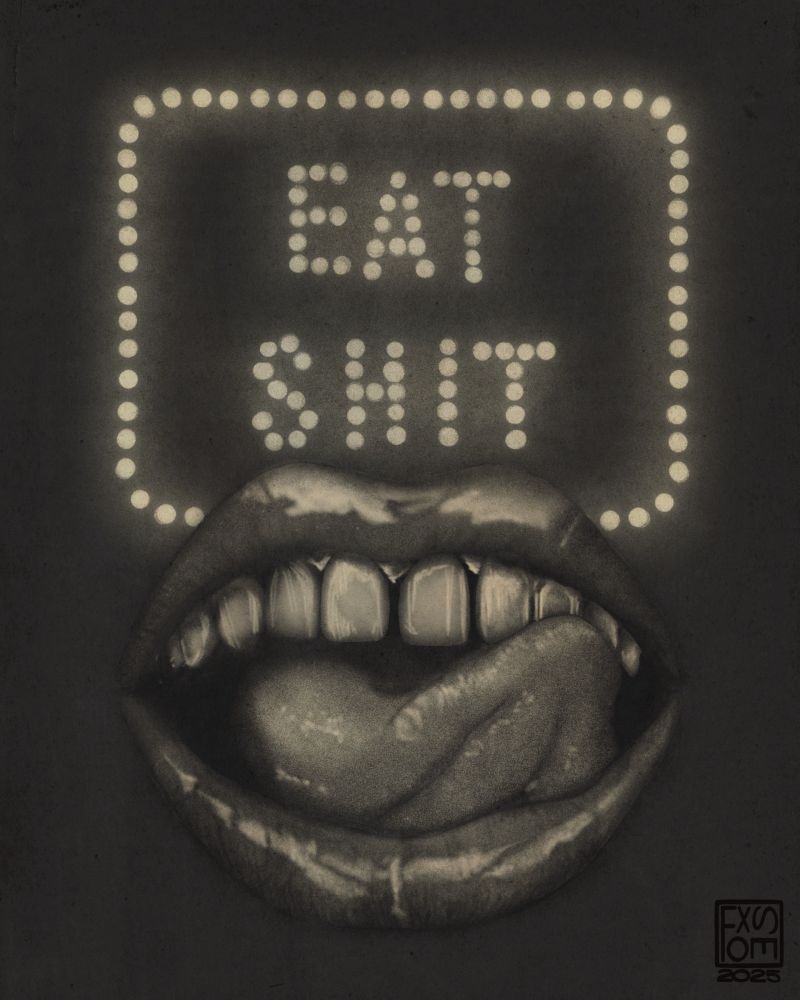Time lapse video of drawing a Black and white drawing of an open mouth and the tongue is licking the teeth.  Drawn light up sign behind the mouth says “eat shit.”