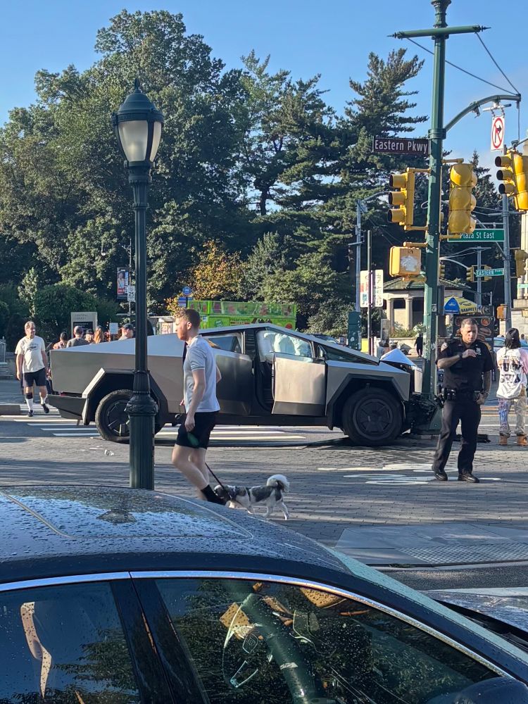 A photo of a Tesla with New Jersey plates that ran into a NYC streetlight pole.