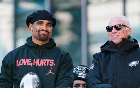 Phila. Eagles Quarterback Jalen Hurts at Super Bowl parade (other guy is the team owner)