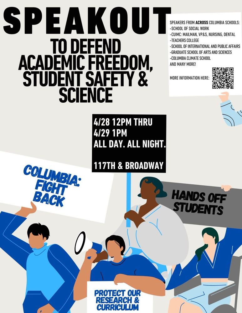 Flyer for a speakout to defend academic freedom, student safety, & science