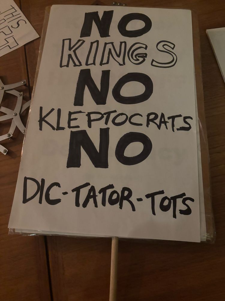 Protest sign: “No Kings, No Kleptocrats, No Dic-Tator-Tots”