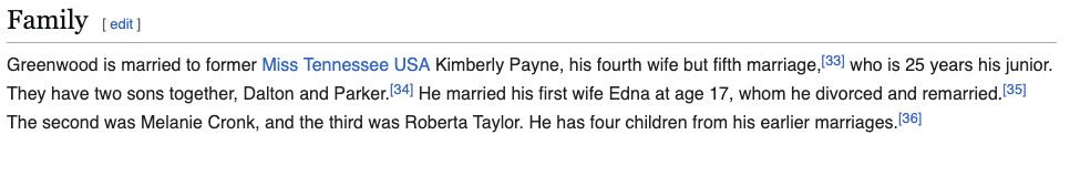 Greenwood is married to former Miss Tennessee USA Kimberly Payne, his fourth wife but fifth marriage,[33] who is 25 years his junior. They have two sons together, Dalton and Parker.[34] He married his first wife Edna at age 17, whom he divorced and remarried.[35] The second was Melanie Cronk, and the third was Roberta Taylor. He has four children from his earlier marriages.[36]

For the record, the poster of this image is pointing out that Mike Johnson specifically would likely claim that a person who has had 5 marriages and is married to a woman 25 years his junior but was a Democrat would be "somebody like this" in his aw shucks racist veneer. 