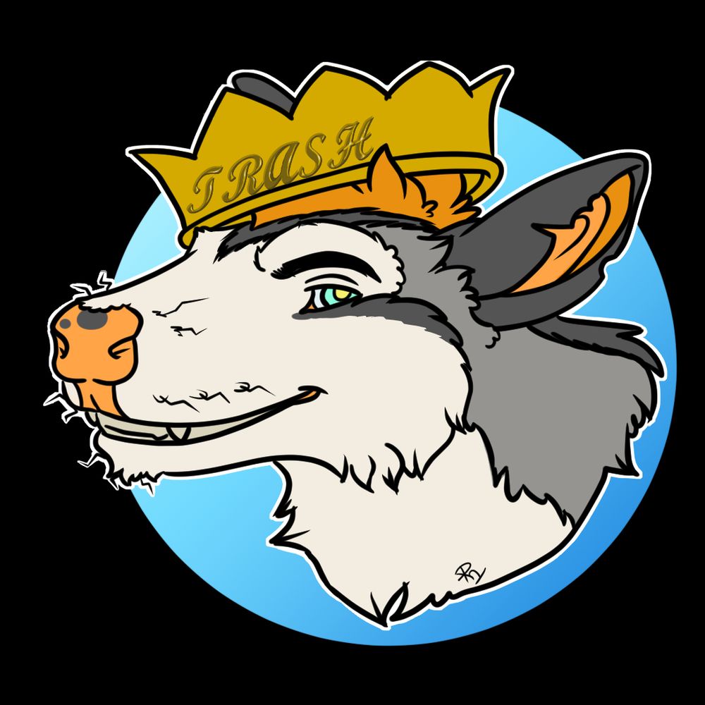 Just a smiling opossum in a crown that reads TRASH.