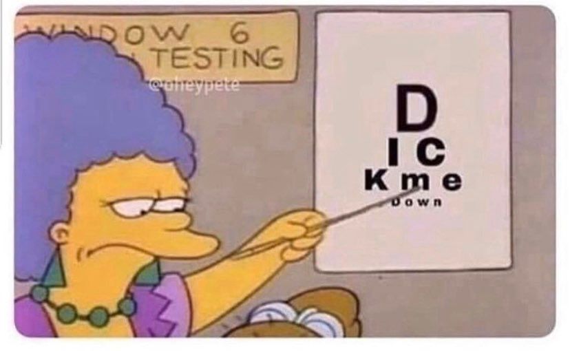 Selma at the DMV giving an eye test to Moleman that reads D IC KME down"