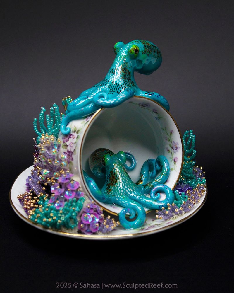 Reef Dreams VII, no.17 in the Sculpted Reef series, depicts the species Caribbean Reef Octopus. 

Hand sculpted clay octopus in a bluish teal with green and pearlescent marks.

The corals on this artwork are patiently hand beaded from tiny glass beads.