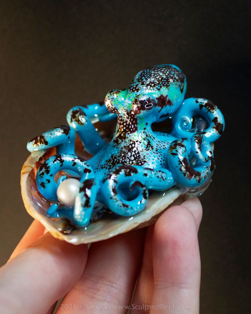 A small octopus sculpture sitting in a shell that is being held up by the artist's left hand over a black background.

The octopus depicts the species Caribbean Reef Octopus scientifically known as Octopus briareus. 

It's a teal-ish blue green octopus with pearly white patches, overlaid with a dotted and spotted pattern in a dark maroon brown. Some more subtle patches of neon green here and there complete the color palette of this sculpture.

The octopus is holding a soft white pearl in its front arms.
