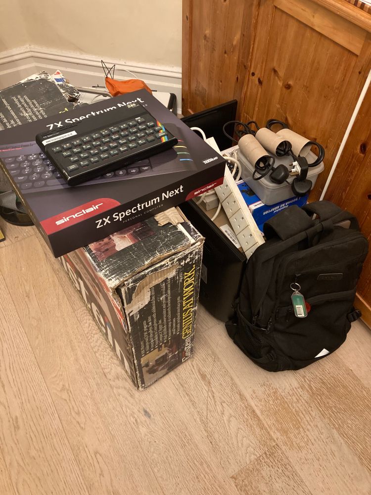 A pile of retro stuff ready to go. Out of shot is the third monitor.