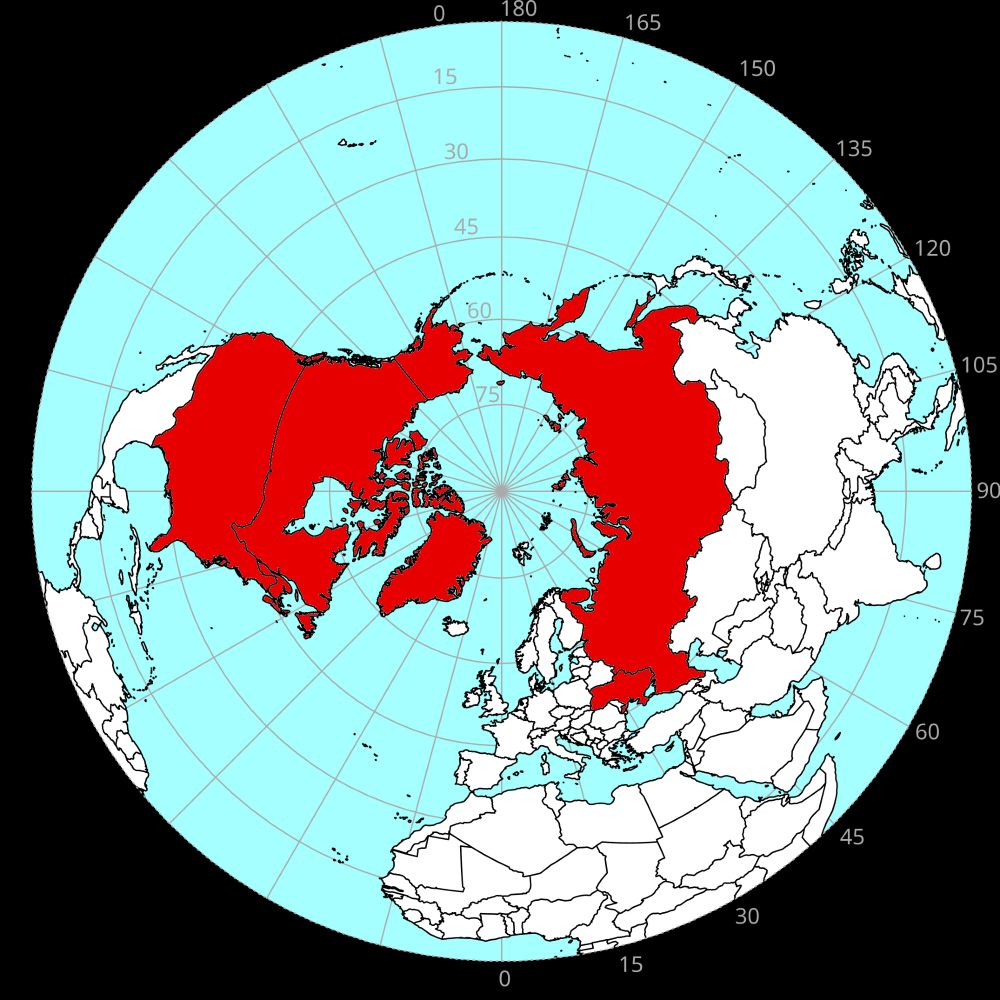 azimuthal projection of northern hemisphere with usa, canada, greenland and russia shaded in red