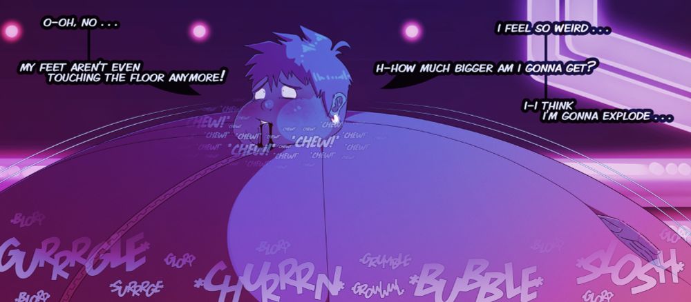 Juice spilling from his lips, a blueberry-inflated guy is looking a bit panicked, his hands and fattened face both sinking into his churning, inflated body as his mind scrambles to make sense of the situation.