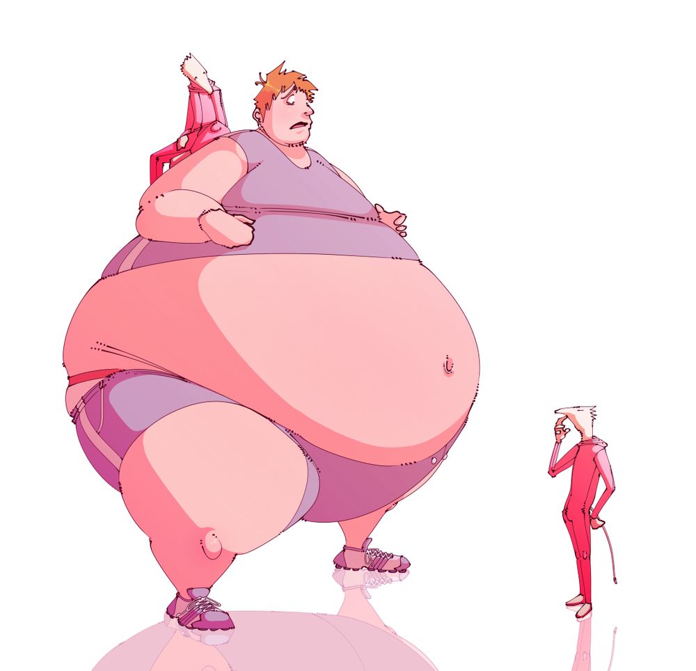 A swiftly-fattening, pear-shaped guy is looking down in a panic at a tiny, mole-like worker as another one casually sits upon the fattening guy's shoulder.