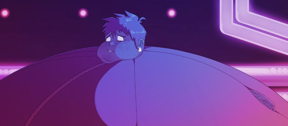 A blueberry-inflated guy is looking a bit panicked, his hands and fattened face both sinking into his inflated body.