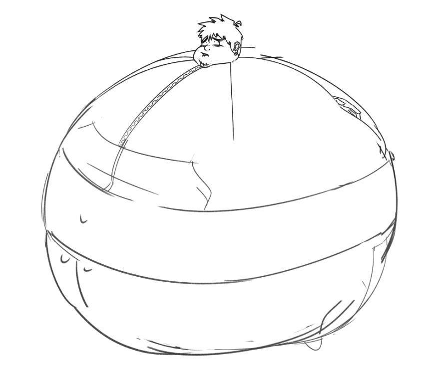 A guy has inflated into an orb, his hands and feet poking out from his round, tight figure as a look of panic and confusion spreads across his fattened face.