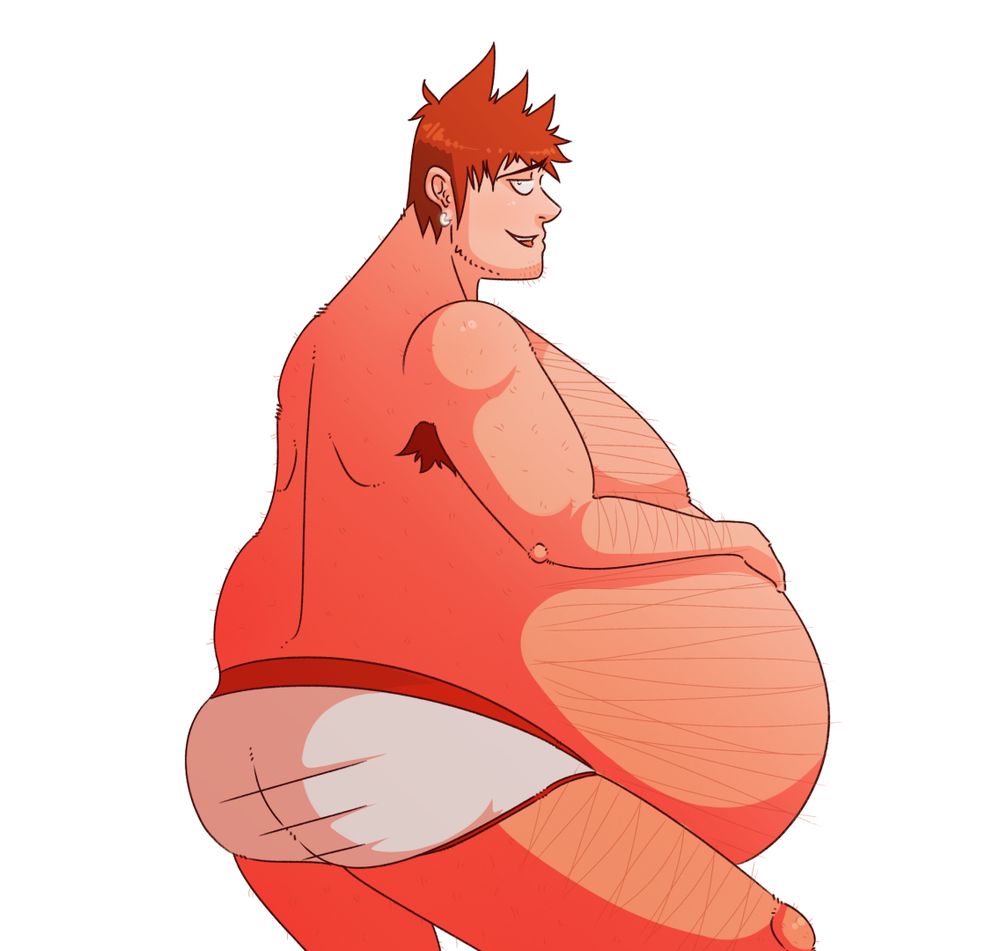 Clutching his fat, hairy belly and giving a tired grin, a guy in briefs is looking back over his shoulder at you.