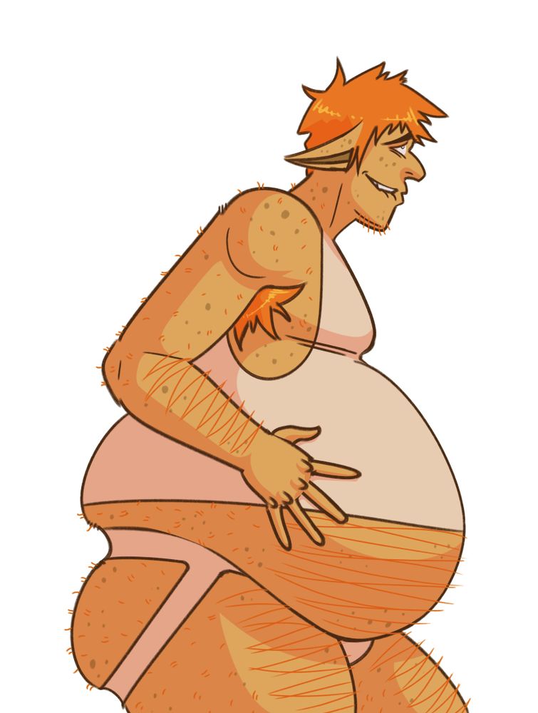 A fat, hairy goblin in a tanktop and a jockstrap is clutching at his massive belly and wearing a guilty grin.