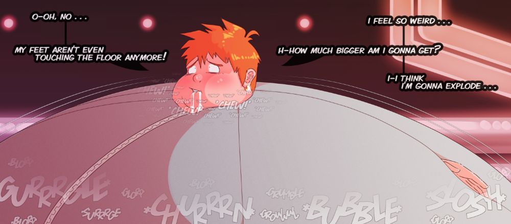 Milk spilling from his lips, an orb-shaped guy is looking a bit panicked, his hands and fattened face both sinking into his churning, inflated body as his mind scrambles to make sense of the situation.