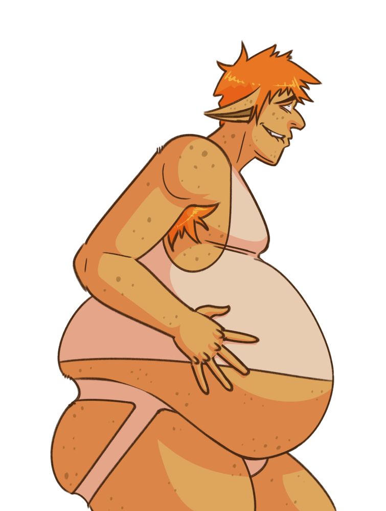A fat goblin in a tanktop and a jockstrap is clutching at his massive belly and wearing a guilty grin.