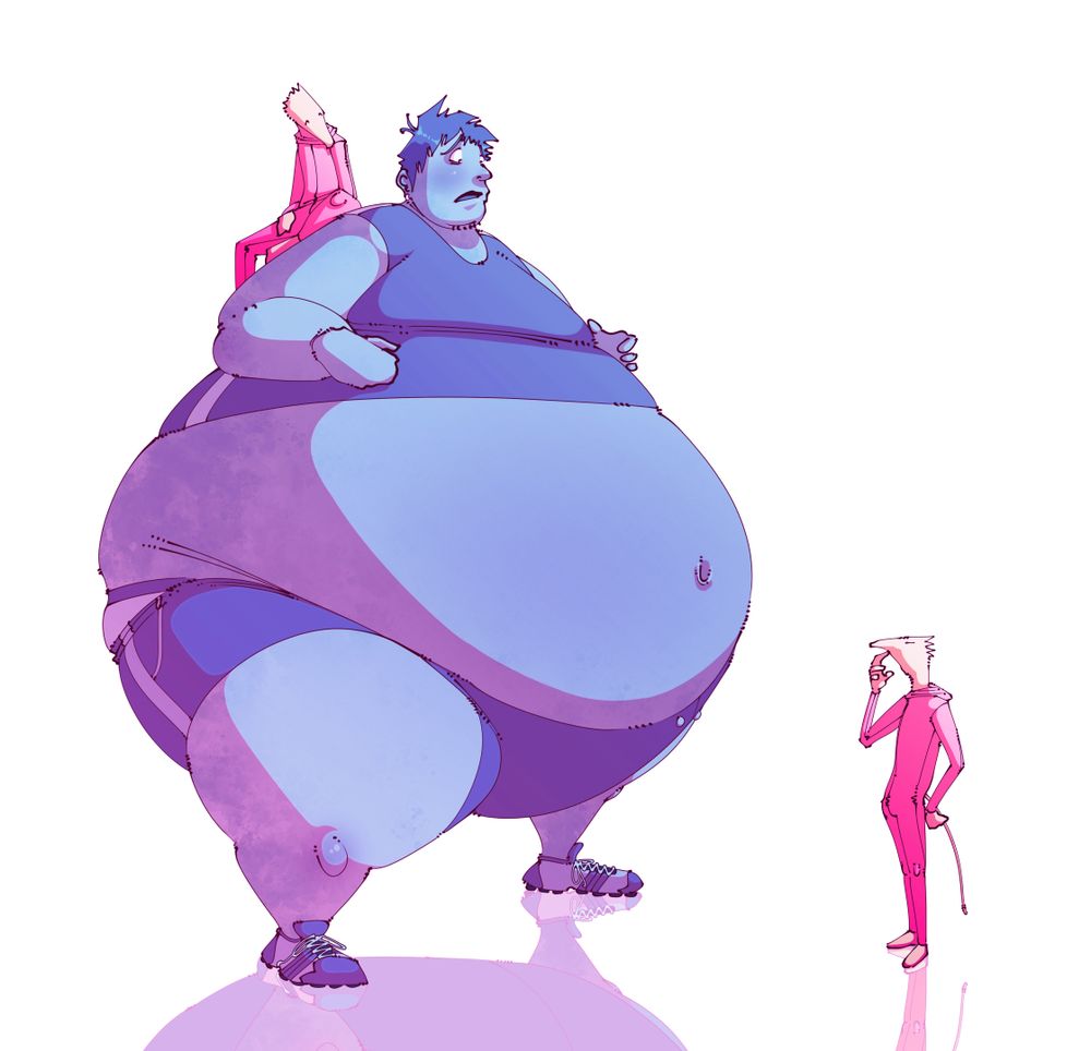 A blueberry-inflating, pear-shaped guy is looking down in a panic at a tiny, mole-like worker as another one casually sits upon the inflating guy's shoulder.