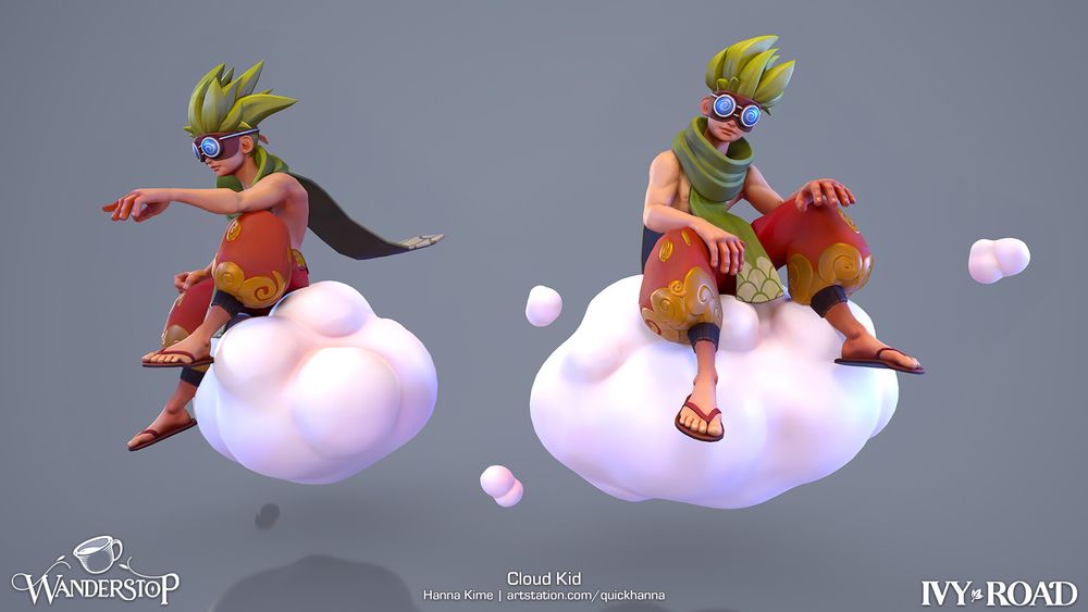 3D renders of a young boy character sitting on a cloud from Wanderstop.