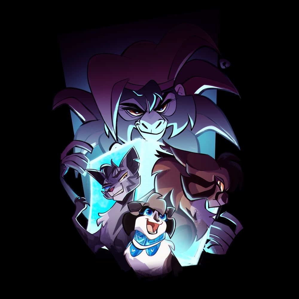 Illustration of three cats centered in the frame in front of a glowing blue cube and a jester monkey behind them, smiling wickedly. An attack on Teelia for Art Fight.