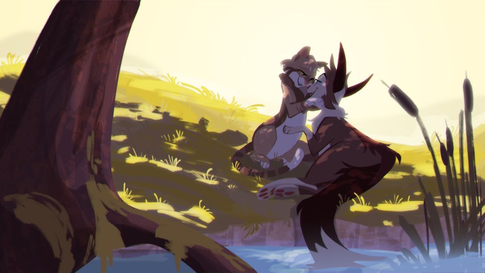 Illustration of Leafpool and Hawkfrost, lying by the river in the shade of a tree. Leafpool is holding Hawkfrost’s face in her paws as they smile at each other.