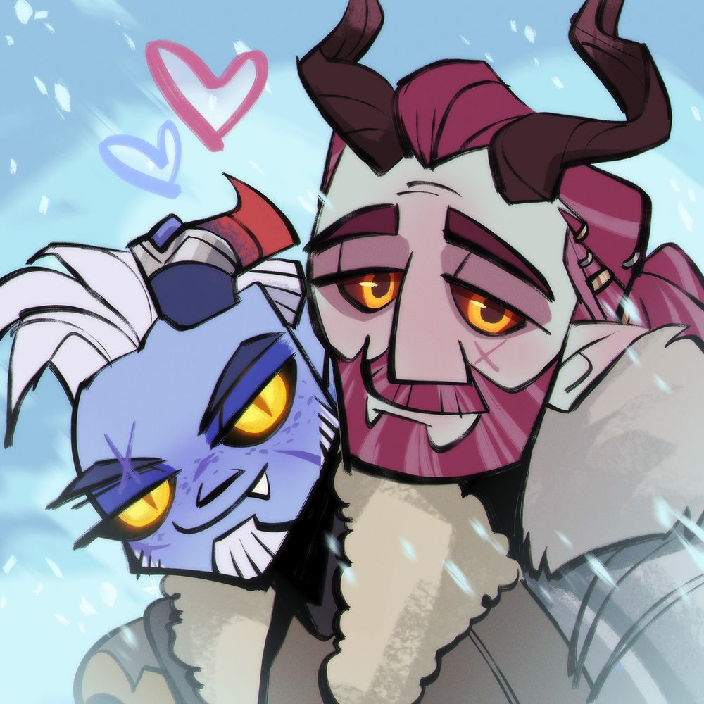 Colored illustration of two tiefling characters standing close together smiling in front of a snowy-like background. Attack on JTHavoc for Art Fight