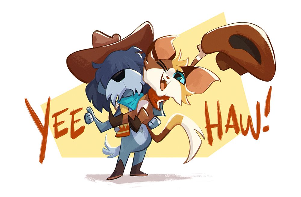 Cartoony illustration of a cowboy dog (Giddy) and cat (Purdy). Giddy is holding Purdy in his arms and giving a thumbs up, while Purdy is smiling with their mouth open and waving their hat in the air. On either side of them says the words "Yee" and "Haw!"